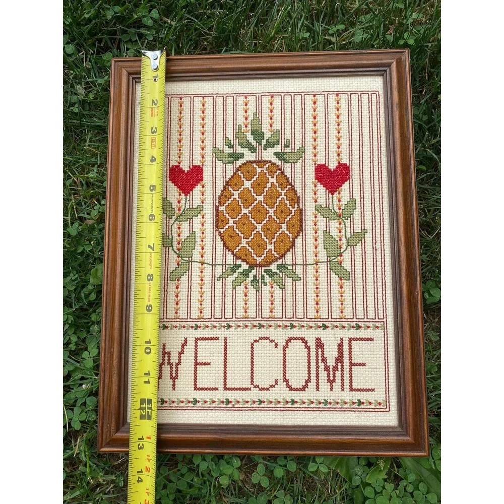 Elsa Williams needle crafted beaded pineapple welcome sign framed